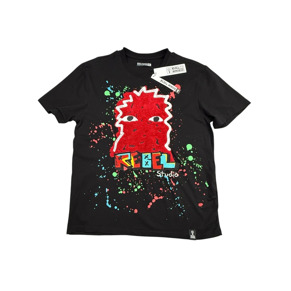 Rebel Minds Studio T-Shirt Mens XL Black Embroidered Paint Splatter Streetwear